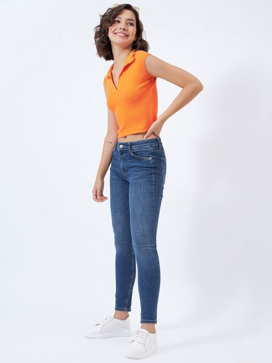Orange V-Collar Ribbed Crop Top