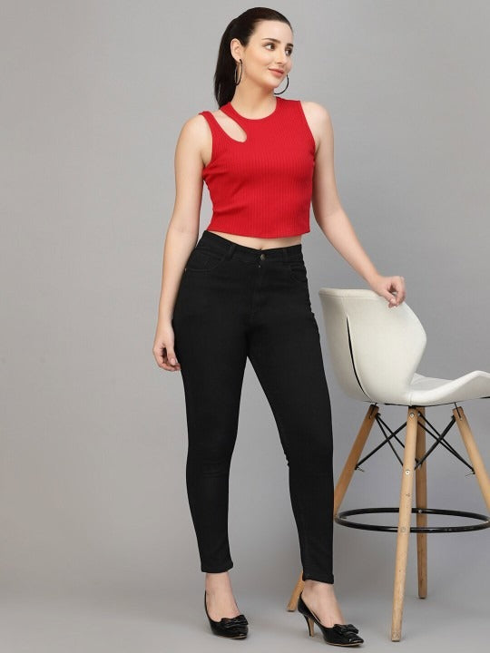 Red Cut-Out Shoulder Ribbed Tank Top