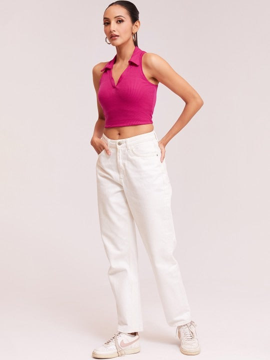 Pink V-Collar Ribbed Crop Top