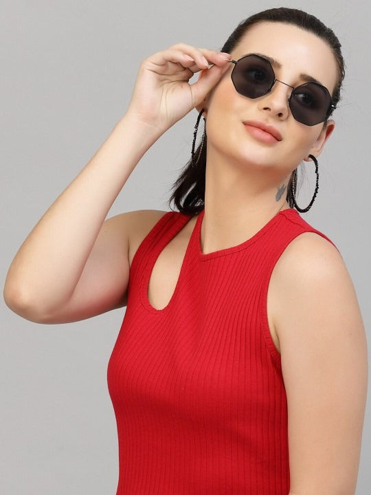 Red Cut-Out Shoulder Ribbed Tank Top