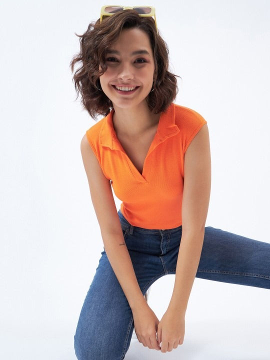 Orange V-Collar Ribbed Crop Top