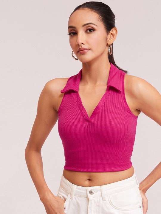 Pink V-Collar Ribbed Crop Top