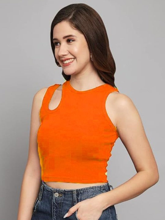 Orange Cut-Out Shoulder Ribbed Tank Top