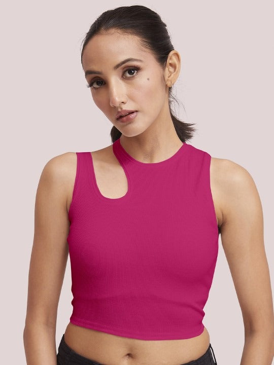 Pink Cut-Out Shoulder Ribbed Tank Top