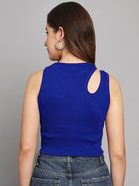 Royal Blue Cut-Out Shoulder Ribbed Tank Top
