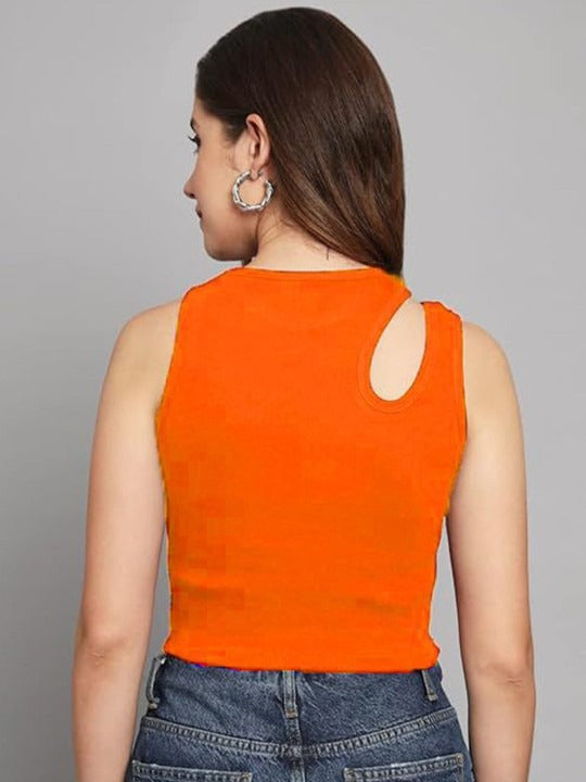 Orange Cut-Out Shoulder Ribbed Tank Top