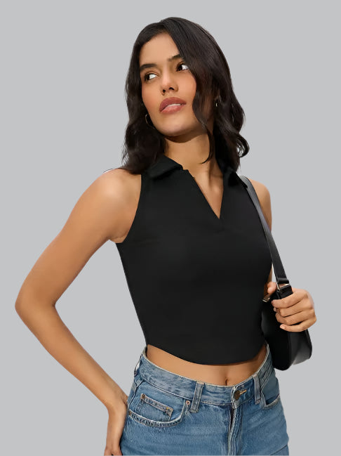 Black V-Collar Ribbed Crop Top