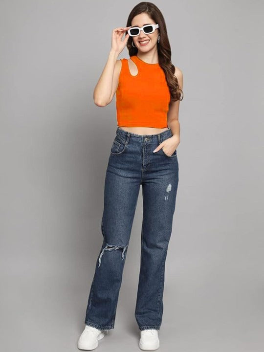 Orange Cut-Out Shoulder Ribbed Tank Top