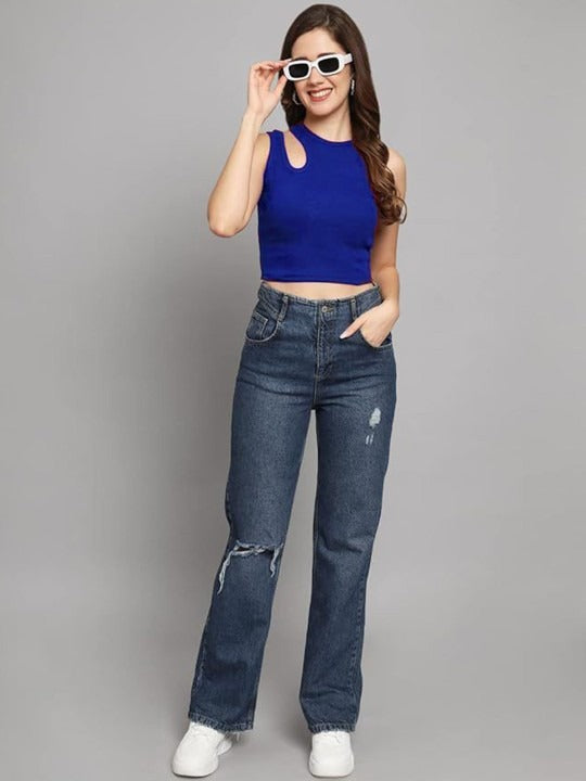 Royal Blue Cut-Out Shoulder Ribbed Tank Top