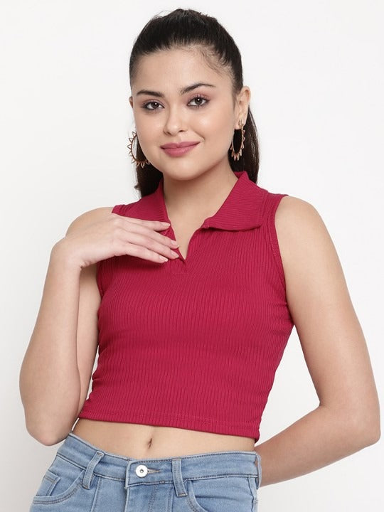 Red V-Collar Ribbed Crop Top
