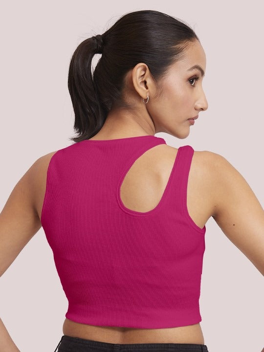 Pink Cut-Out Shoulder Ribbed Tank Top