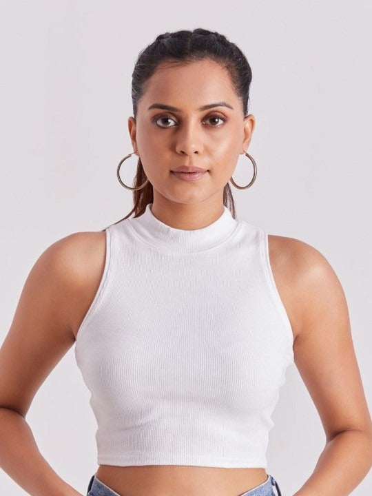 White Mock Neck Ribbed Tank Top