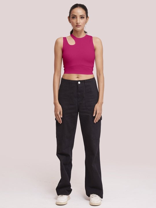 Pink Cut-Out Shoulder Ribbed Tank Top