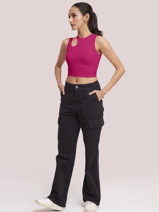 Pink Cut-Out Shoulder Ribbed Tank Top