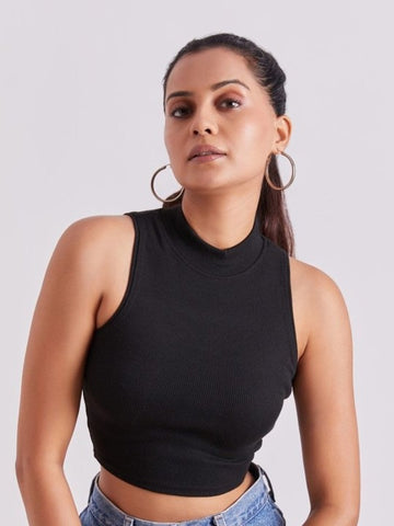 Black Mock Neck Ribbed Tank Top
