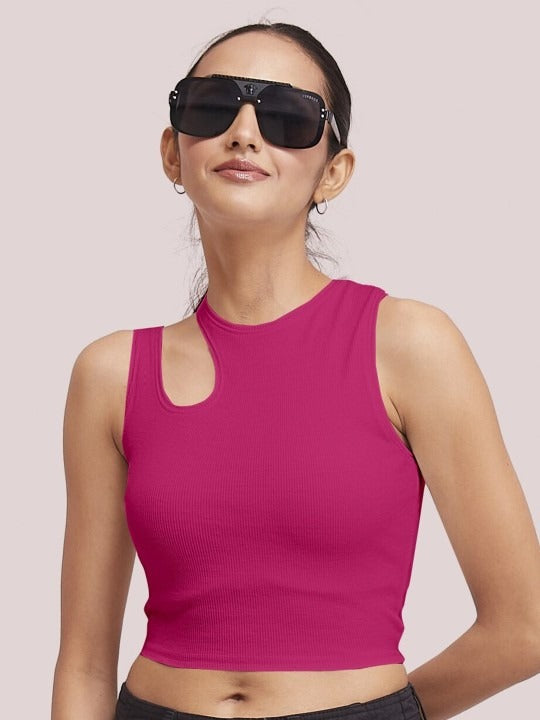 Pink Cut-Out Shoulder Ribbed Tank Top