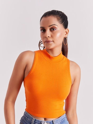 Orange Mock Neck Ribbed Tank Top