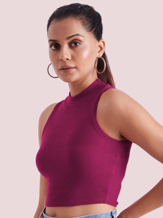 Magenta Mock Neck Ribbed Tank Top
