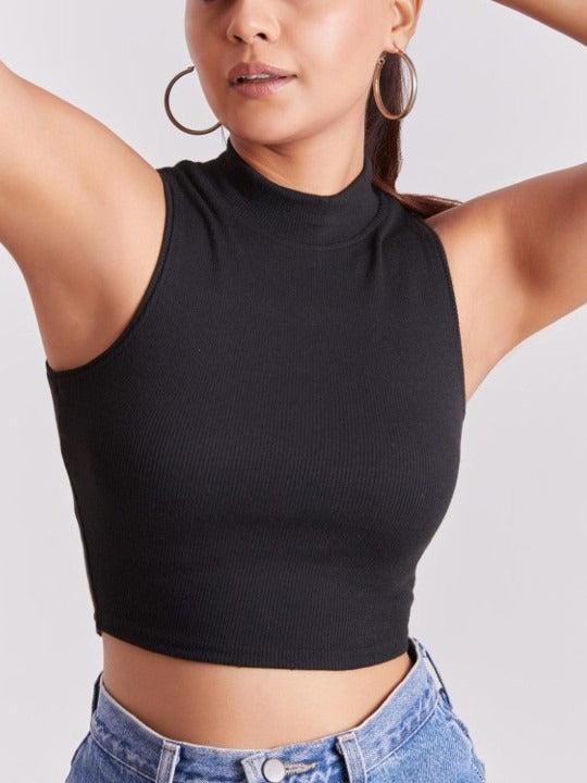 Black Mock Neck Ribbed Tank Top