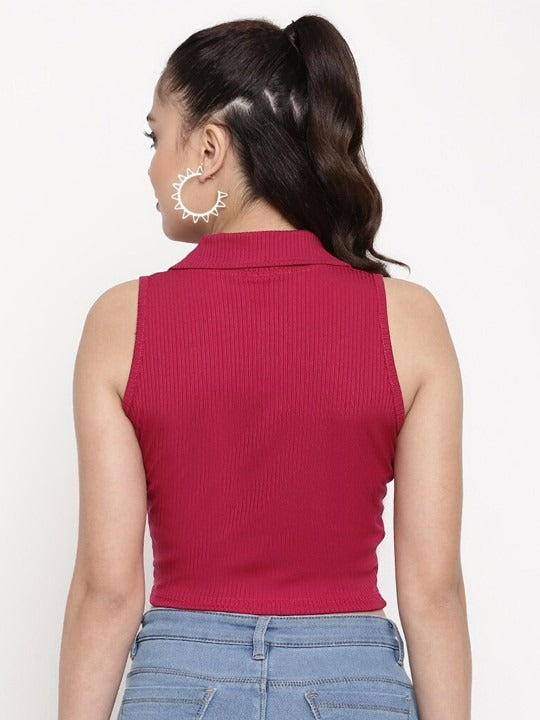 Red V-Collar Ribbed Crop Top