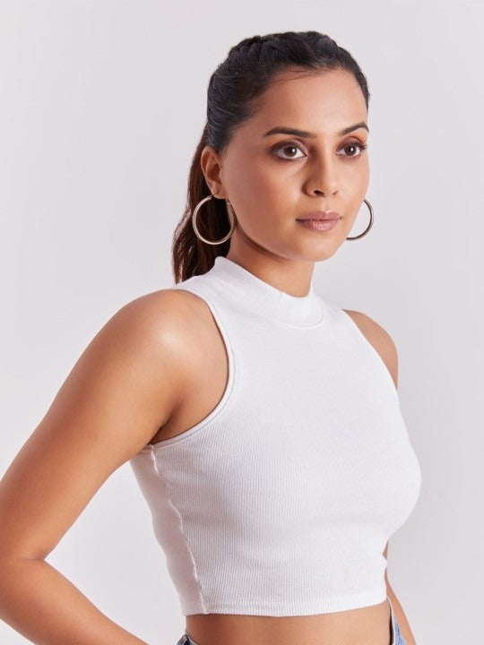 White Mock Neck Ribbed Tank Top