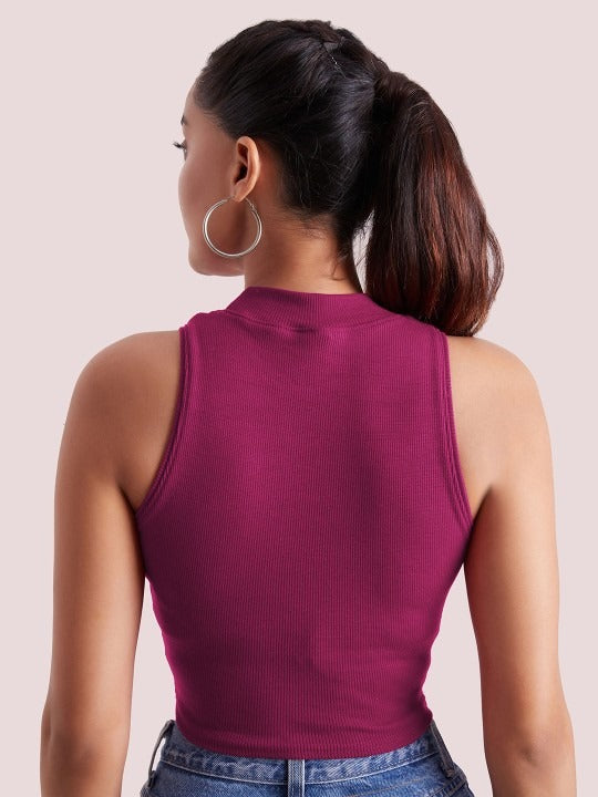 Magenta Mock Neck Ribbed Tank Top
