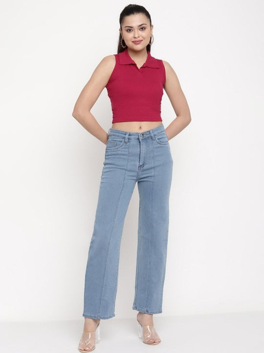 Red V-Collar Ribbed Crop Top