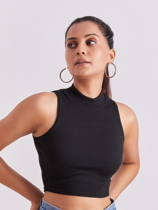 Black Mock Neck Ribbed Tank Top