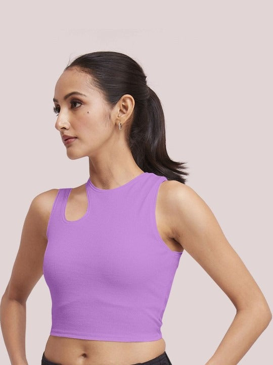 Lavender Cut-Out Shoulder Ribbed Tank Top
