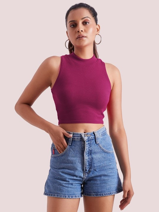 Magenta Mock Neck Ribbed Tank Top
