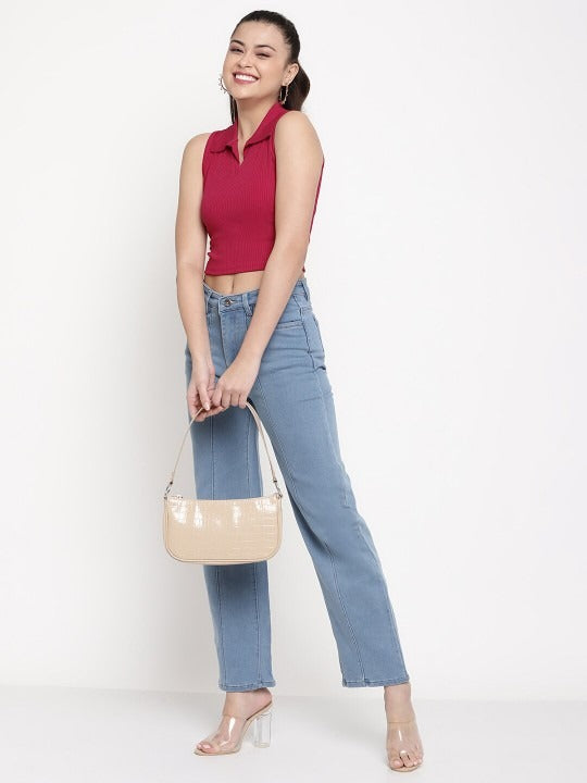 Red V-Collar Ribbed Crop Top