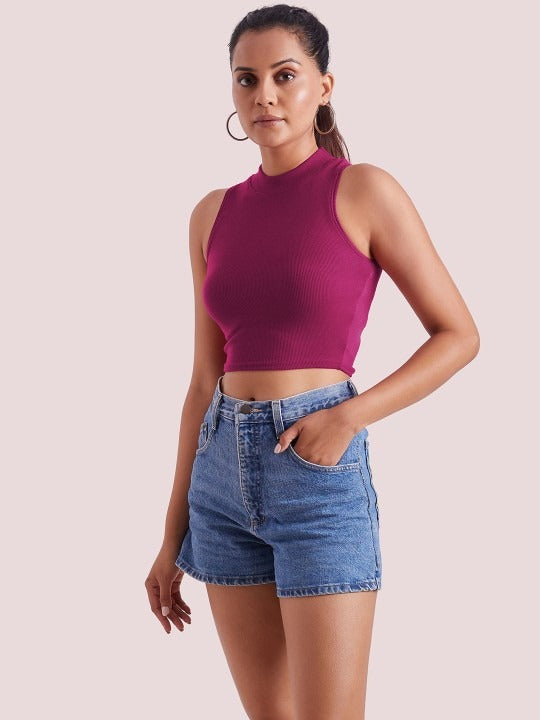 Magenta Mock Neck Ribbed Tank Top