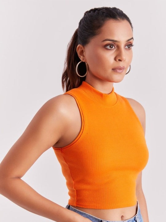 Orange Mock Neck Ribbed Tank Top