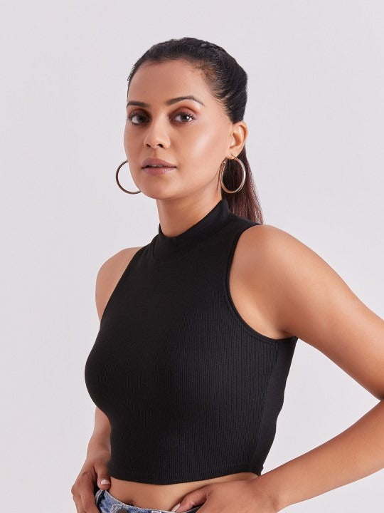Black Mock Neck Ribbed Tank Top