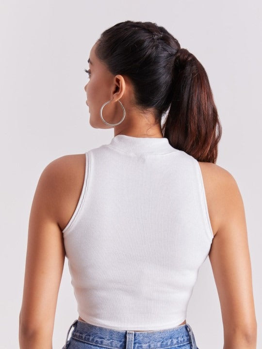 White Mock Neck Ribbed Tank Top