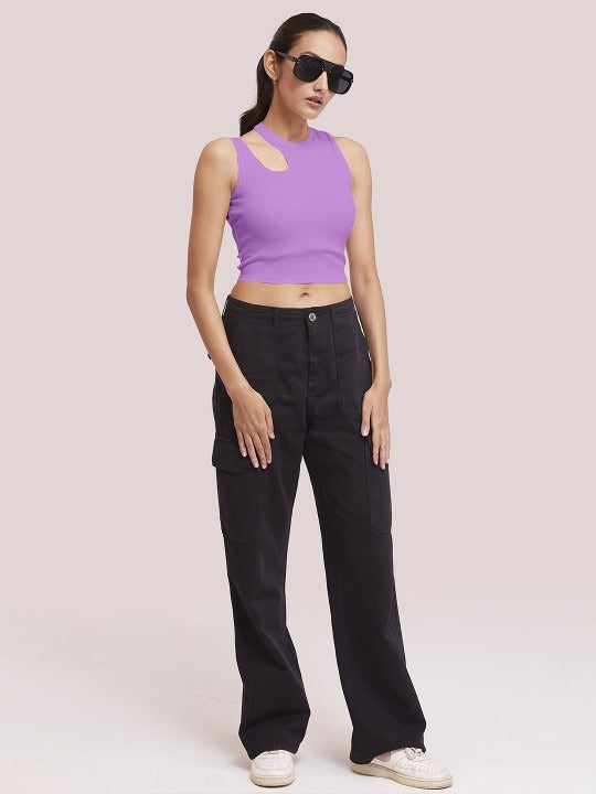 Lavender Cut-Out Shoulder Ribbed Tank Top