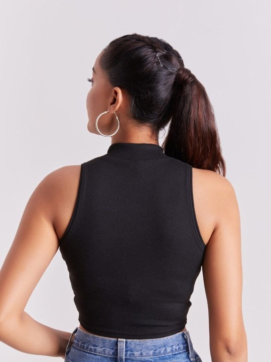 Black Mock Neck Ribbed Tank Top