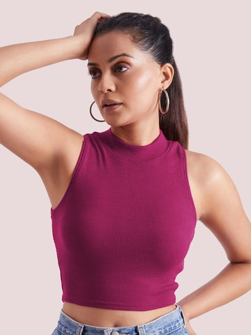 Magenta Mock Neck Ribbed Tank Top