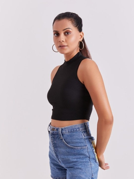 Black Mock Neck Ribbed Tank Top