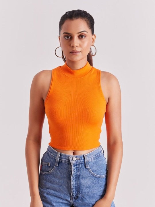 Orange Mock Neck Ribbed Tank Top