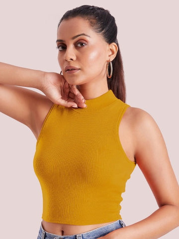 Yellow Mock Neck Ribbed Tank Top