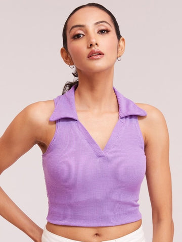 Lavender V-Collar Ribbed Crop Top