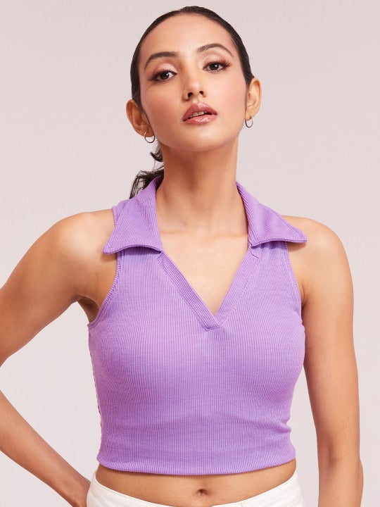 Lavender V-Collar Ribbed Crop Top