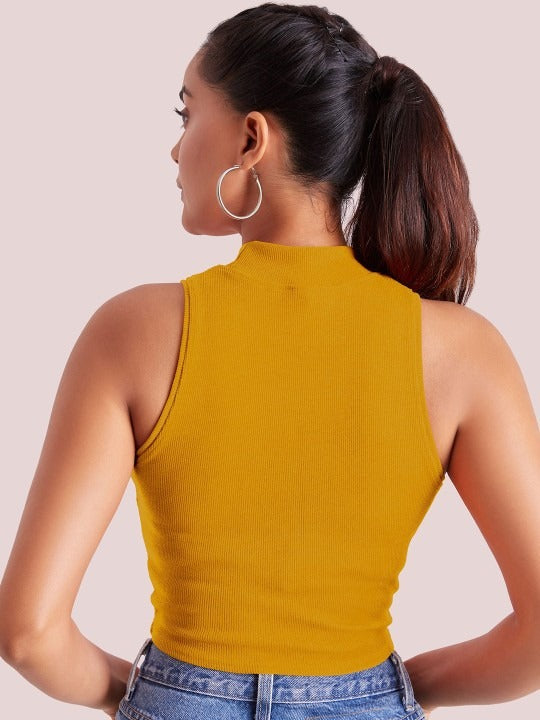 Yellow Mock Neck Ribbed Tank Top