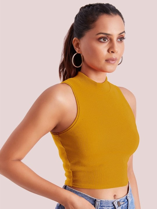 Yellow Mock Neck Ribbed Tank Top