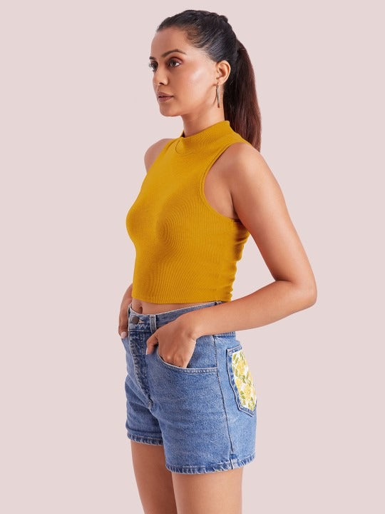 Yellow Mock Neck Ribbed Tank Top