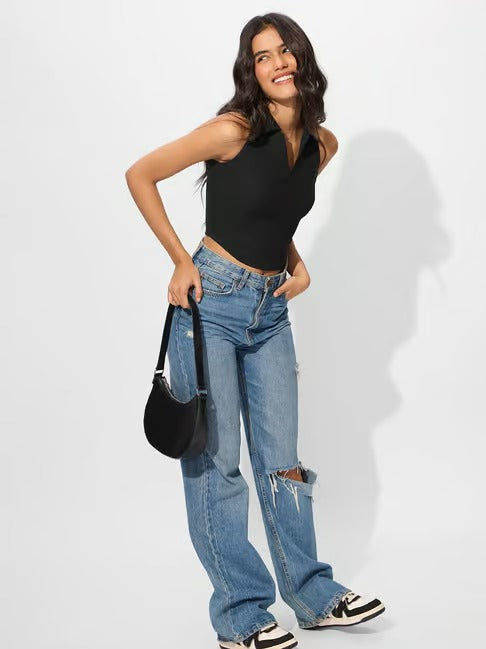 Black V-Collar Ribbed Crop Top