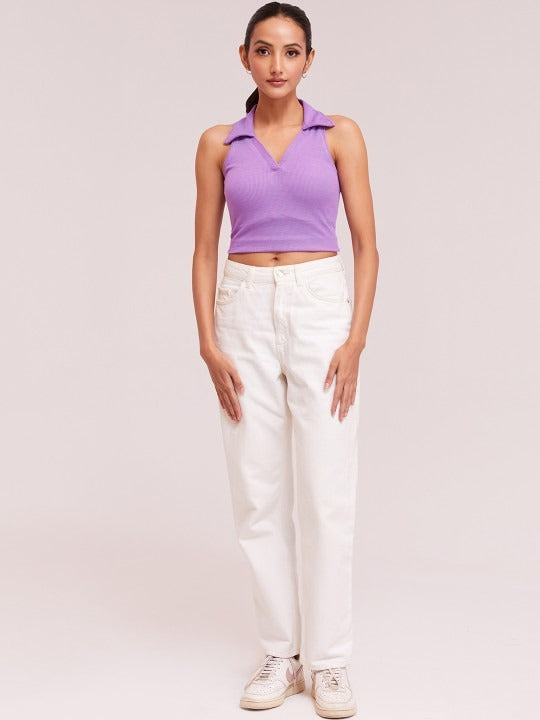 Lavender V-Collar Ribbed Crop Top
