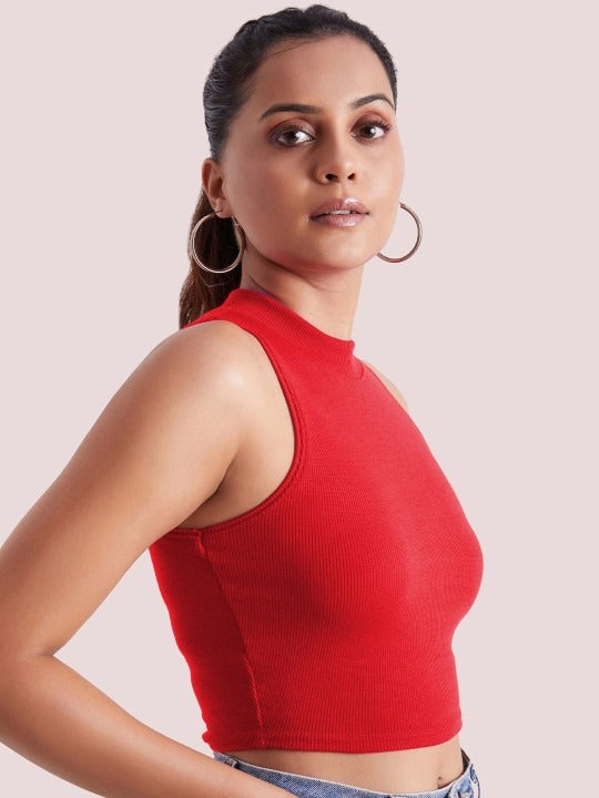 Red Mock Neck Ribbed Tank Top