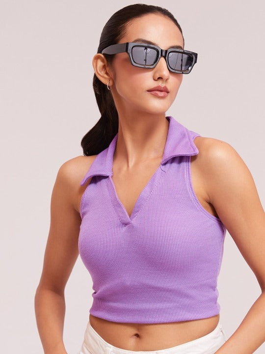 Lavender V-Collar Ribbed Crop Top